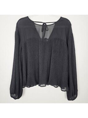 Lulus Blouse Long Sleeve Sheer Crinkle Black Size L NEW